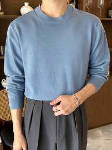 DAZY 男士纯色圆领长袖休闲毛衣，适合秋冬季 - 藍色 - 查看 8
