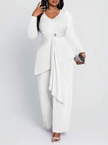 Fleurora Spring And SummerAutumn And Winter Elegant Casual Rose Red Knitted V Neck Flounce Rhinestone Long Sleeve Plus Size Co-Ords - White - View 5