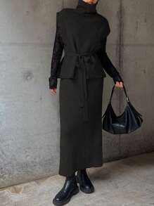 FRIFUL Women Solid Color Turtleneck Simple Blouse And Skirt 2 Pieces Set, Casual