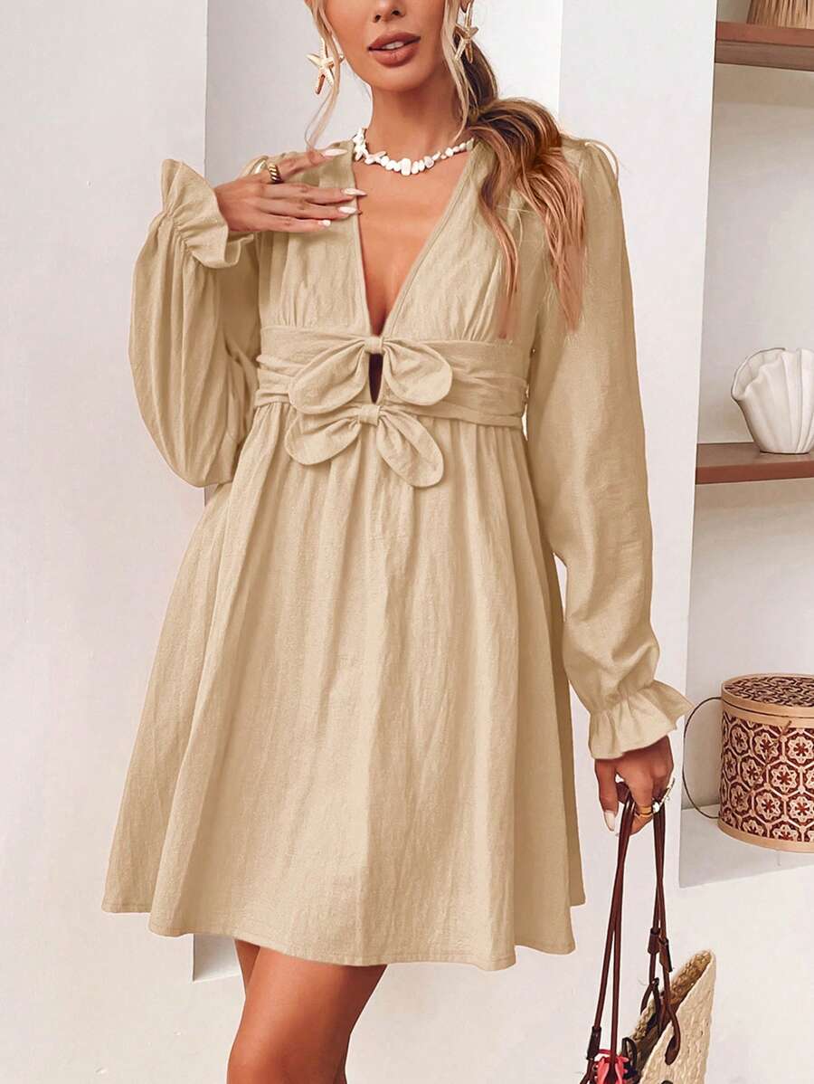 SHEIN VCAY Women's Casual Solid Color Deep V-Neck Ruffled Sleeve Bow Decor Mini Dress - Khaki - View 1