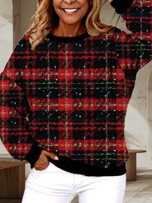 SHEIN LUNE 秋冬女款休闲简约红黑格子印花圆领宽松长袖连帽衫 - 彩色 - 查看 4