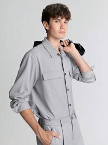 Ontre Men's Spring Gray Long Sleeve Pocket Casual Loose Shirt, And Versatile For Business, Commuting, New Year Party