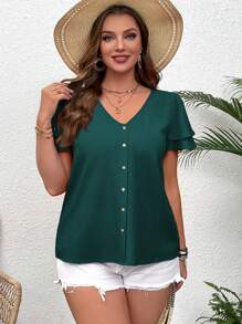 SHEIN VCAY Áo cánh tay bèo cổ chữ V cỡ lớn đi nghỉ - Màu xanh lá cây đậm - Xem 4