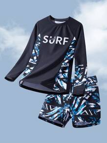 SHEIN Tween Boy 图案长袖防晒衣和泳裤套装，休闲款，适合春夏季游泳