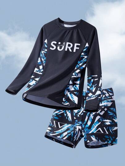 SHEIN Conjunto de camiseta de manga larga con estampado gráfico y bóxer de natación para niños preadolescentes, ajuste casual para nadar en primavera y verano