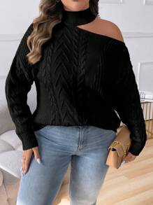 Elenzga Plus Size Solid Color Asymmetrical Neck Long Sleeve Open Shoulder Casual Pullover Sweater Knit Pullover Fall Winter Autumn - Black - View 5