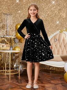 SHEIN Tween Girls' Velvet Metallic Star Criss-Cross Neck Casual Long Sleeve Dress - Black - View 6