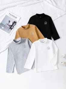 4 件装男孩字母图案 T 恤，适合作为内衣和外套，秋冬季