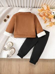 SHEIN Baby Boys Winter Outfit: 1) Brown Solid Color Lapel Jacket Top 2) Black Warm Fleece Thick Pants. Minimalist Design, Zipper Opening, Suitable For Various Occasions