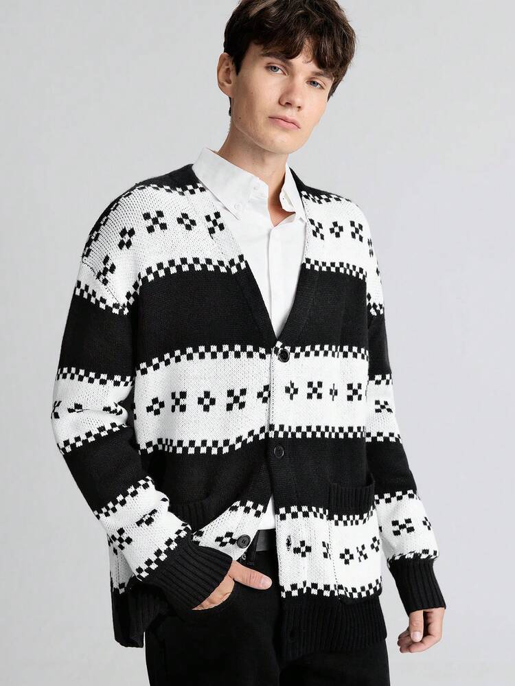 Men's Winter Jacquard Oversized Front Button Long Sleeve Casual Cardigan Sweater, Minimalist Style, Suitable For Thanksgiving, New Year Party, Fashion