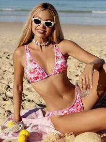 Set di bikini estivo da donna, composto da un top alla halter a quadri e floreale e pantaloni con vita con cordoncino - Multicolore - Visualizzare 4