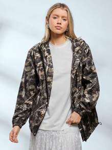 Easelle Chaqueta cortavientos casual de tejido con capucha con cordón y estampado botánico de otoño para mujer - Verde militar - Ver 5