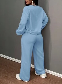 Slaydiva 2024 Autumn/Winter Casual Basic Cute Crew Neck Loose Long Sleeve Sweatshirt And Loose Pants Set With Heart Embroidery, Pink Sweatshirt Set - B - Blue - View 2