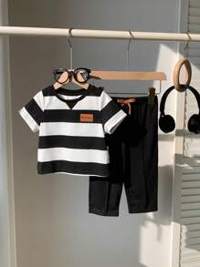 2 件装男婴/女婴可爱条纹短袖 T 恤和松紧腰裤套装，春夏 - 彩色 - 查看 5