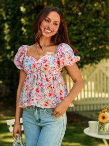 KARISMINA 女士度假风格碎花印花泡泡袖方形领口衬衫、短袖上衣 - 粉色 - 查看 1