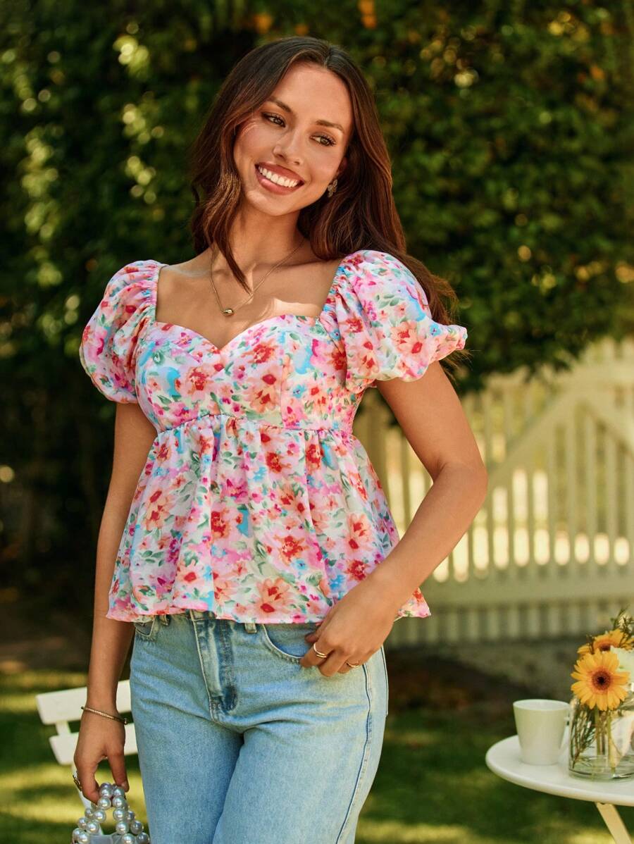 KARISMINA 女士度假风格碎花印花泡泡袖方形领口衬衫、短袖上衣 - 粉色 - 查看 1