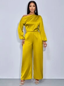 SOLERSUN 女士时尚优雅不对称领口褶皱侧缎长袖连体裤 - 芥末黃 - 查看 3