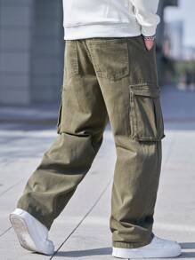 Manfinity Homme 男士简约口袋设计宽松牛仔裤，休闲日常穿着 - 軍綠色 - 查看 2