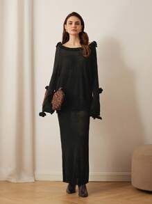 Chiquease Romantic Crochet Floral Off-Shoulder Long Sleeve Sweater And Skirt 2-Piece Set For Women  - Black - View 6