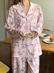 DAZY Cute Plaid & Cartoon Full Print Pajama Set - Pink - View 6