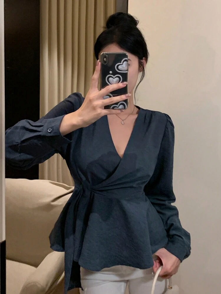 Solid Color Form-Fitting Long Sleeve Tie Front Women Blouse,Fall Clothes