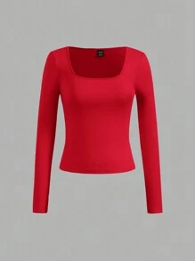 SHEIN Essnce 4 chiếc áo thun tay dài cổ vuông màu trơn đơn giản đa năng dành cho nữ, mùa xuân và mùa hè - Nhiều màu - Xem 9