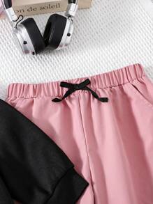 SHEIN Tween Girl Fashionable Knitted Crew Neck Pullover Hoodie & Wide-Leg Pants 2pcs Set - Pink - View 5