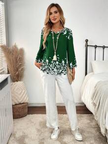 EMERY ROSE Women's Floral Print V-Neck 3/4 Sleeve Loose Blouse