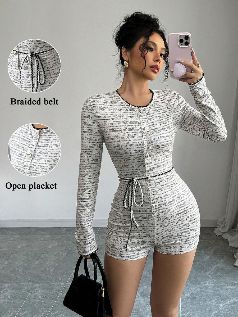 Elenzga New French Style Floral Print Long Sleeve Jumpsuit With Ropes And Waist Belt, Round Neck, Zipper Front, Tight Fitted Short Jumpsuit, For Autumn - Multicolor - View 1