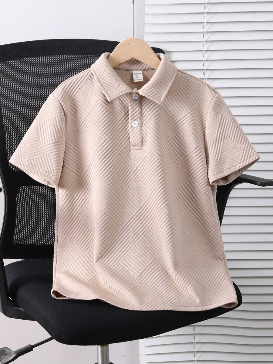 SHEIN Tweenboy Casual Textured Ribbed Fabric Polo Shirt With Collar, Suitable For Spring, Summer, Autumn, Travel & School - Khaki - View 1