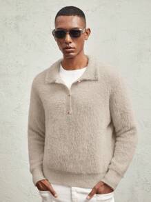 AKNOTIC Business Casual Cárdigan corto casual de media cremallera con cuello de polo, ajuste delgado, de punto de seudocashmere de visón para hombres