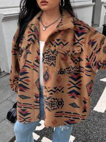 SHEIN EZwear Plus Size Women Front Button Long Sleeve Pocket Furry Jacket Coat - Brown - View 3