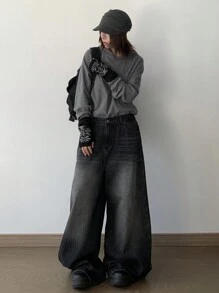 DAZY Women's Casual Street Style Wrinkled Loose Wide Leg Jeans,Baggy Jeans Fall,Winter