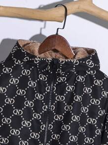 SHEIN Tween Boy 大字母图案保暖内衬连帽夹克，学院风，适合旅行、秋冬季 - 黑色 - 查看 4