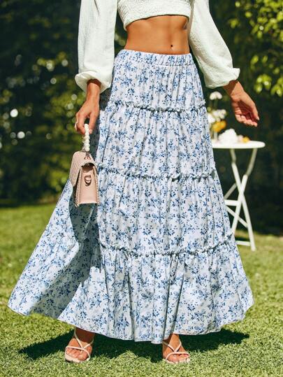 KARISMINA Women's Fashionable Sweet Ditsy Floral Long Skirt For Summer