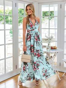 SHEIN VCAY Elegant Summer Vacation Criss Cross Backless Floral Dress Wedding Guest Dress - Multicolor - View 4