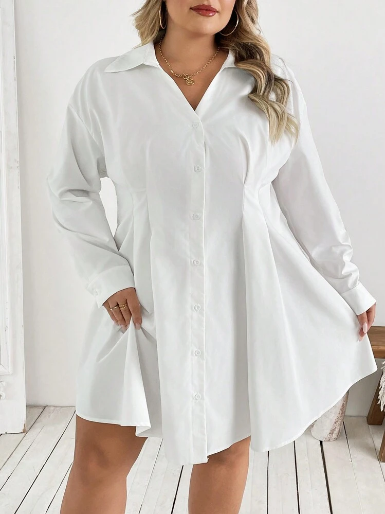 SHEIN CURVE+ Đầm sơ mi dài tay màu trắng bó eo thanh lịch cho quý cô ngoại cỡ đi làm vào mùa thu - trắng - Xem 3