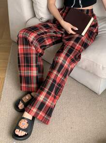 DAZY Pantalones de descanso con cintura elástica y estampado a cuadros