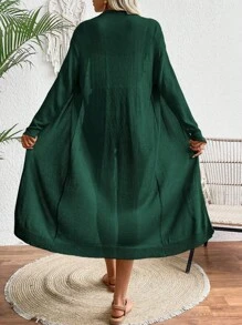 SHEIN LUNE 女士纯色长款开衫，简约休闲日常穿着 - 綠色 - 查看 2