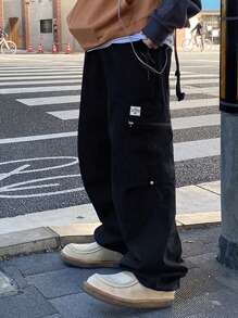 DAZY Men's Cargo Pants With Large Pockets And Patch Decoration - Black - View 7