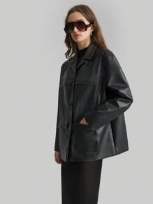 Ontre 女式 2025 新款春季休闲黑色夹克，带口袋，PU 正面纽扣，长袖，简约风格 - 黑色 - 查看 1