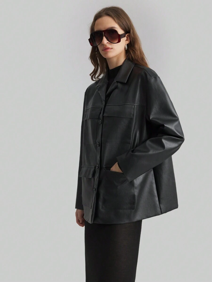 Ontre 女式 2025 新款春季休闲黑色夹克，带口袋，PU 正面纽扣，长袖，简约风格 - 黑色 - 查看 1