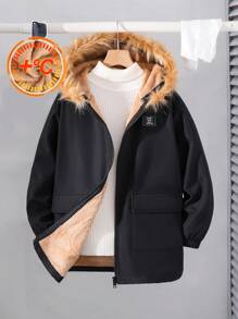 Chaqueta con capucha informal para niño preadolescente con bolsillo utilitario y forro térmico, apta para ir y venir, la escuela, uso casual diario, ropa deportiva, temporada de otoño/invierno