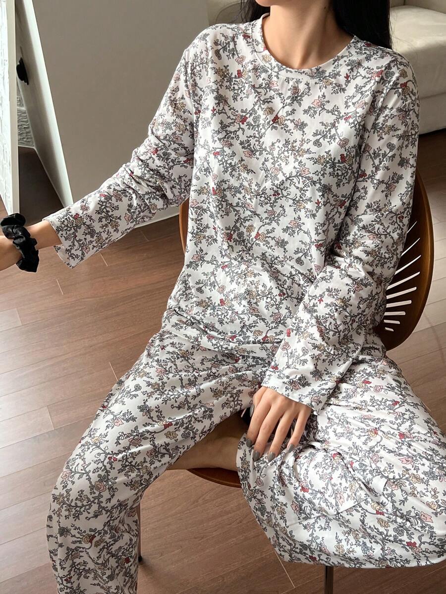 DAZY Floral All-Over Print Loose Fit Pajama Set - Khaki - View 1