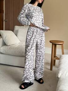 DAZY Floral All-Over Print Loose Fit Pajama Set - Khaki - View 6