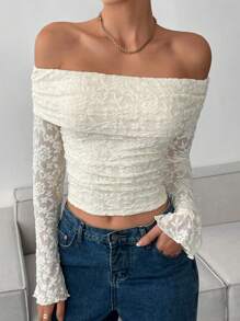 Siren Gaze Lace Top Holiday Elegant Lace Top Sheer Top Off Shoulder Top Women Off Shoulder Long Sleeve Minimalist T-Shirt, Casual Daily Wear Winter Chic White Spring - White - View 5