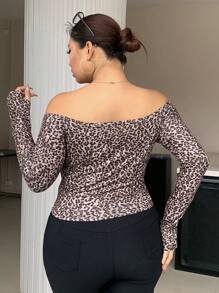 Dazy Petite Plus Plus Size Leopard Print Off Shoulder Fitted Long Sleeve T-Shirt, Sexy, Brown, Spring/Summer Cheetah Print Going Out Tops Women - Brown - View 2