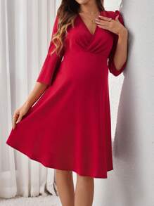 SHEIN 孕妇 V 领纯色中长休闲短款孕妇装 - 酒紅色 - 查看 2