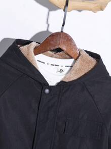 SHEIN Tween Boy Black Hooded Zip-Up Thermal Lined Jacket, Boys Outfit For Fall/Winter Wear, Casual, School, Commute, Sports, Suitable For Autumn & Winter Seasons - Khaki - View 3