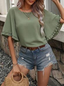 SHEIN Clasi 褶邊蝴蝶袖襯衫 - 軍綠色 - 查看 4